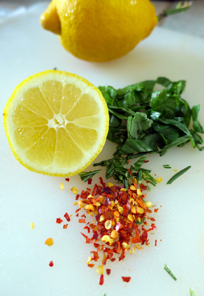 Mediterranean Pasta Ingredients: Fresh lemon, herbs and red pepper flakes