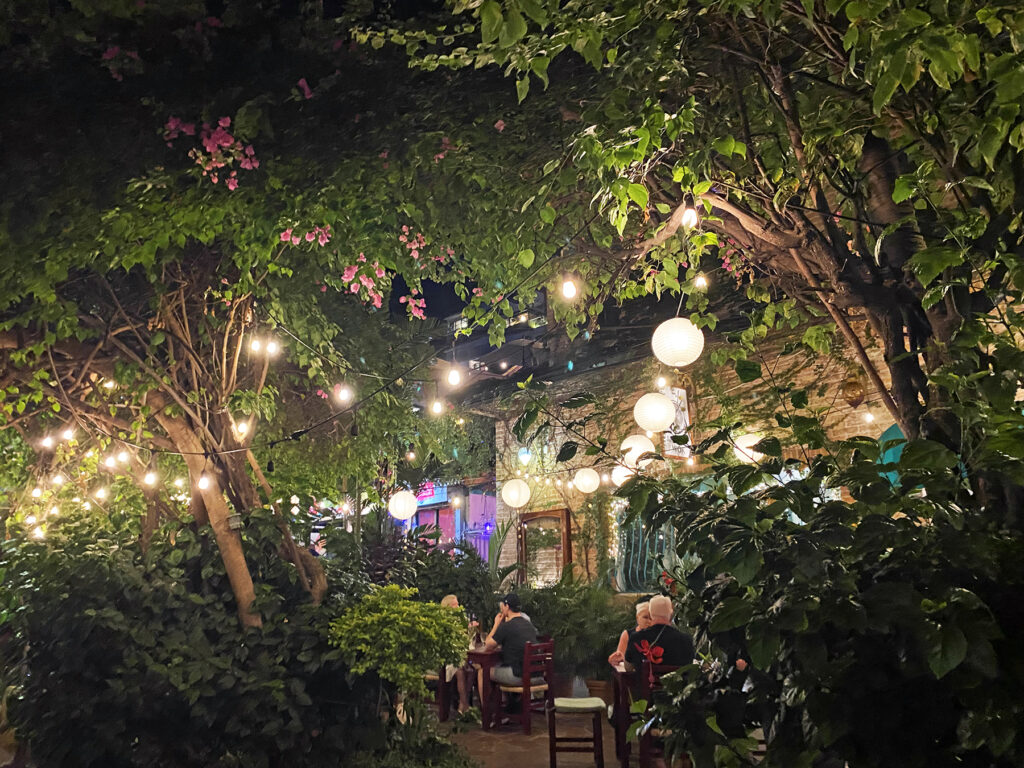 Archie's Wok courtyard at night 